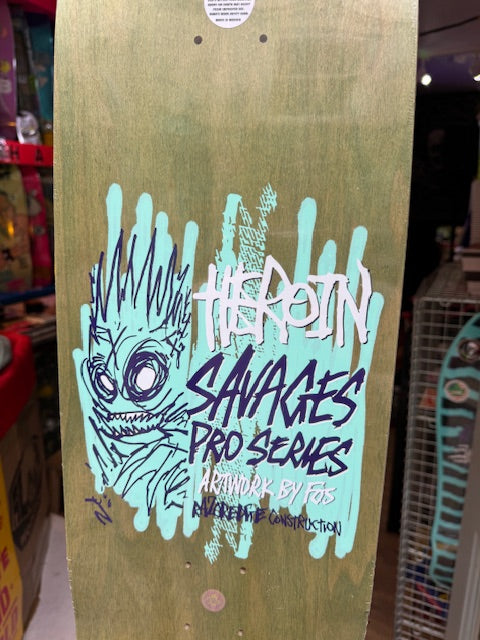 Heroin Skateboards Savages Series Artwork by FOS Craig Questions 9”