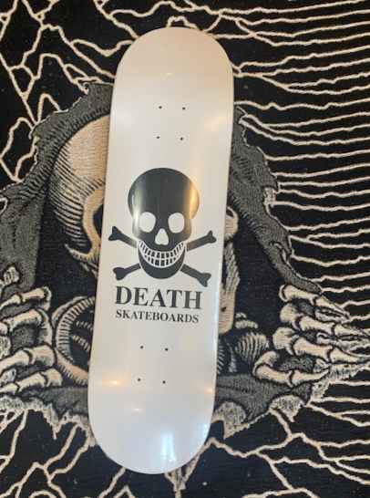 white skateboard with black death skateboards logo