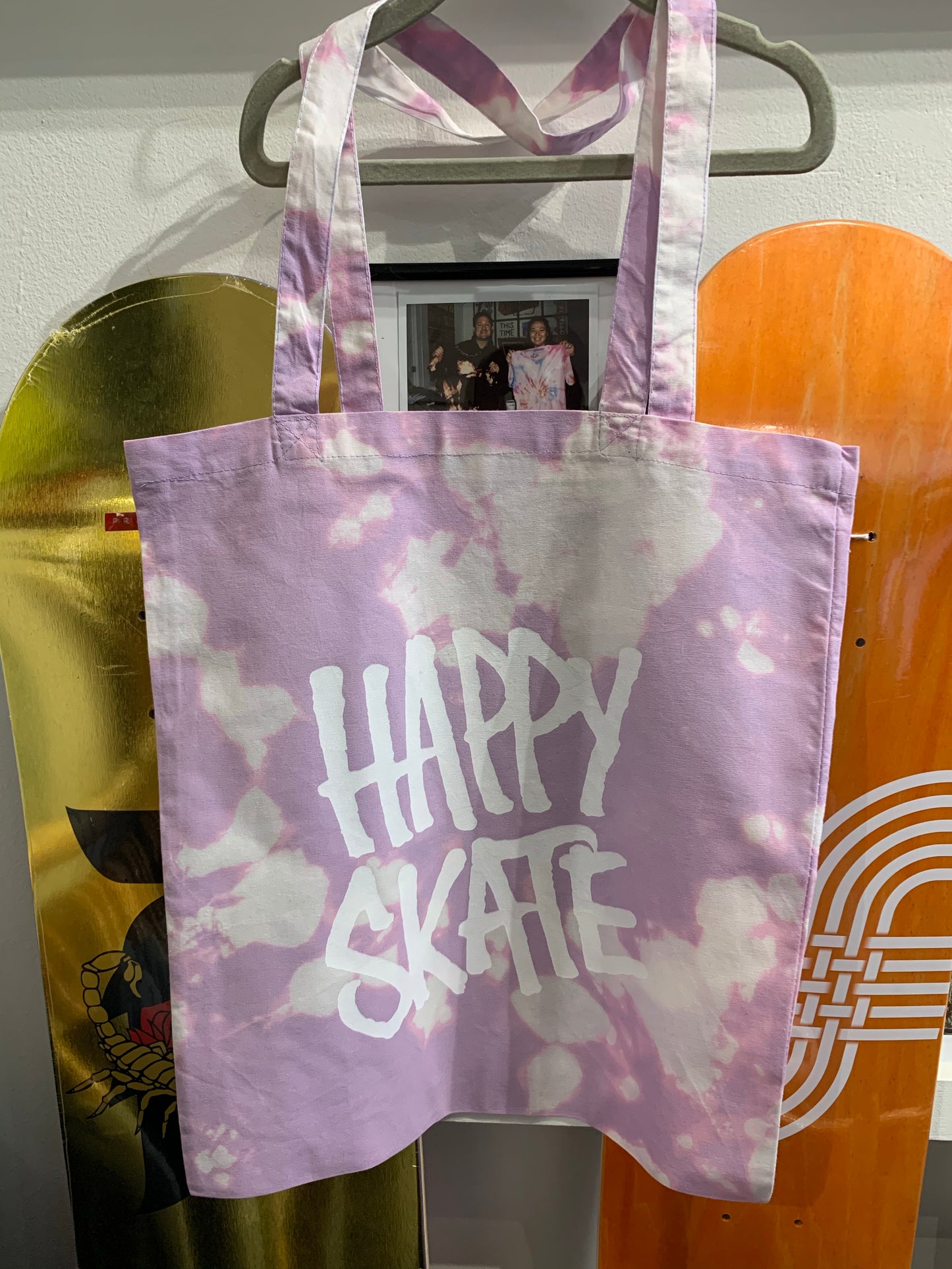 Happy Skate purple bleach tote